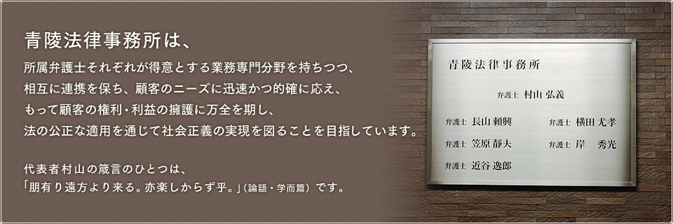 青陵法律事務所は、所属弁護士それぞれが得意とする業務専門分野を持ちつつ、相互に連携を保ち、顧客のニーズに迅速かつ的確に応え、もって顧客の権利・利益の擁護に万全を期し、法の公正な適用を通じて社会正義の実現を図ることを目指しています。